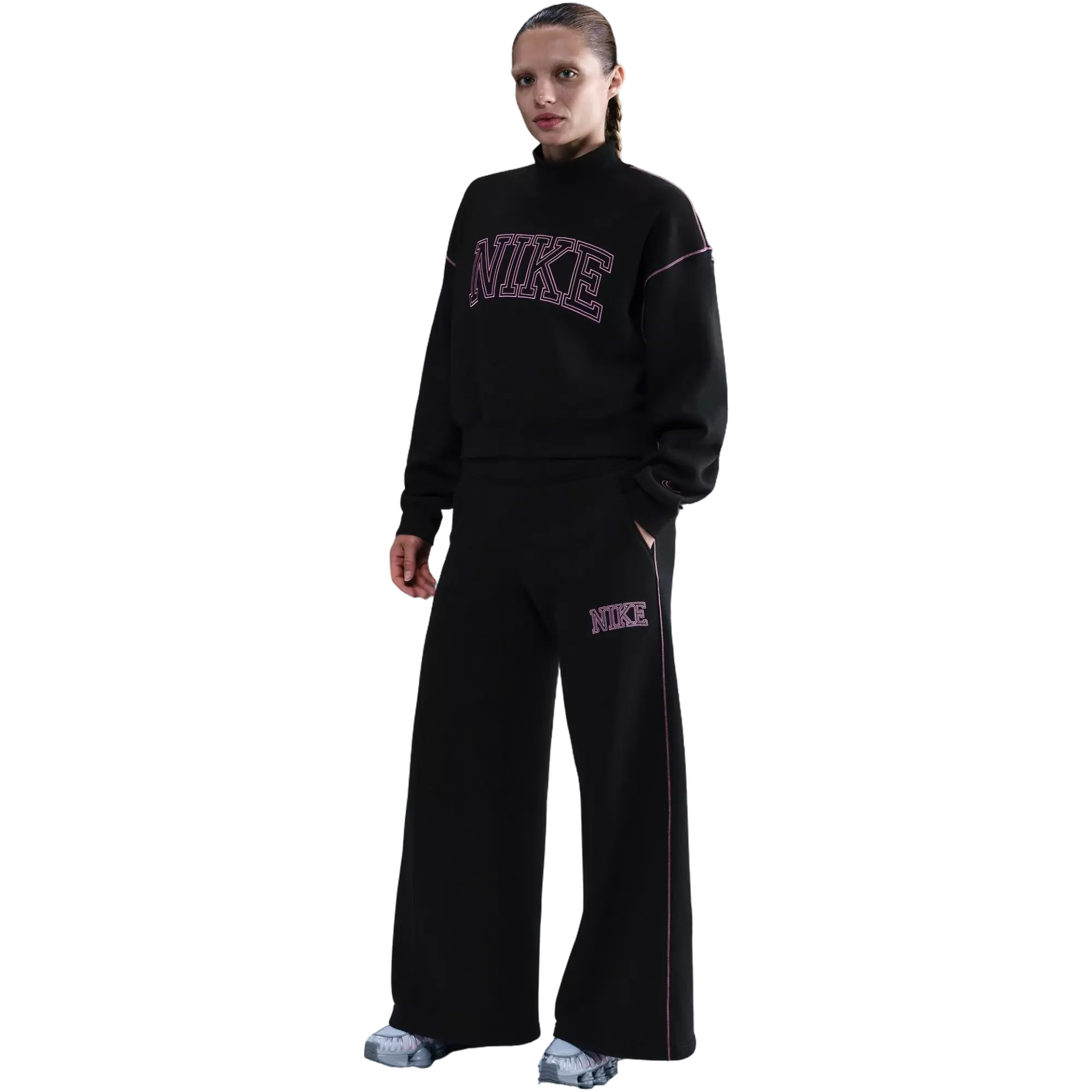 Nike Phoenix Fleece Wide Leg Bottom - Black/Pink | Hibbett